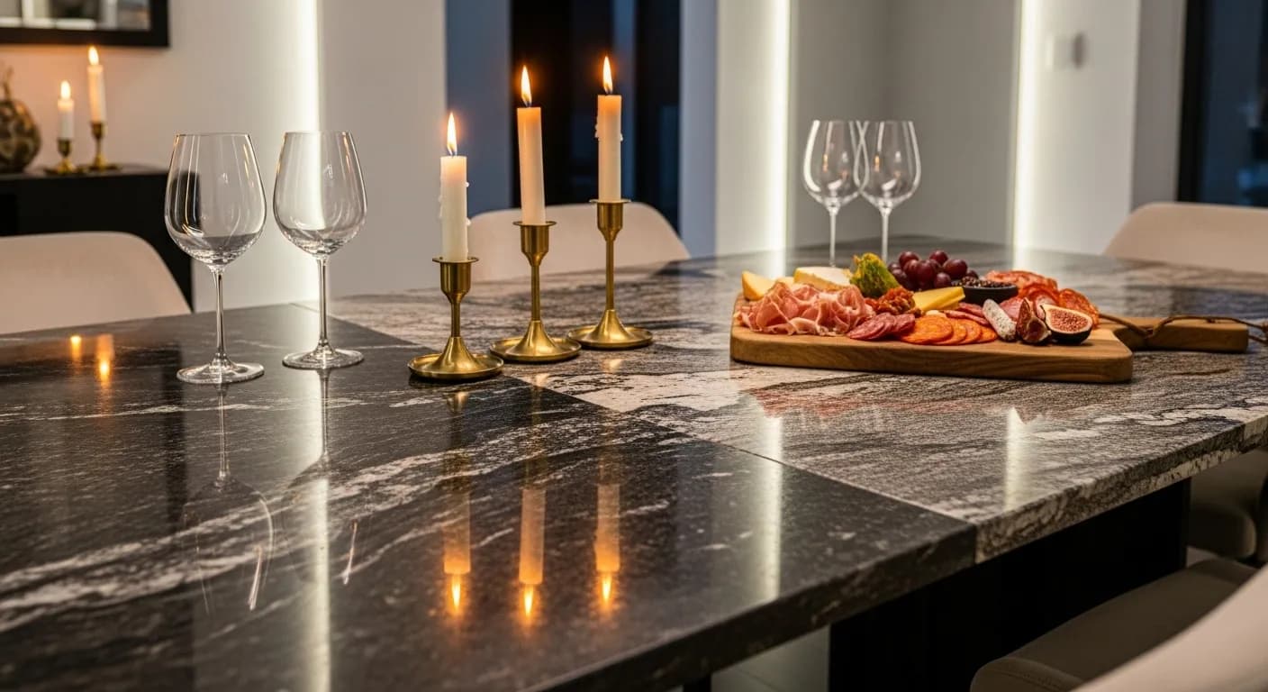 Granite dining table with chairs in elegant dining room