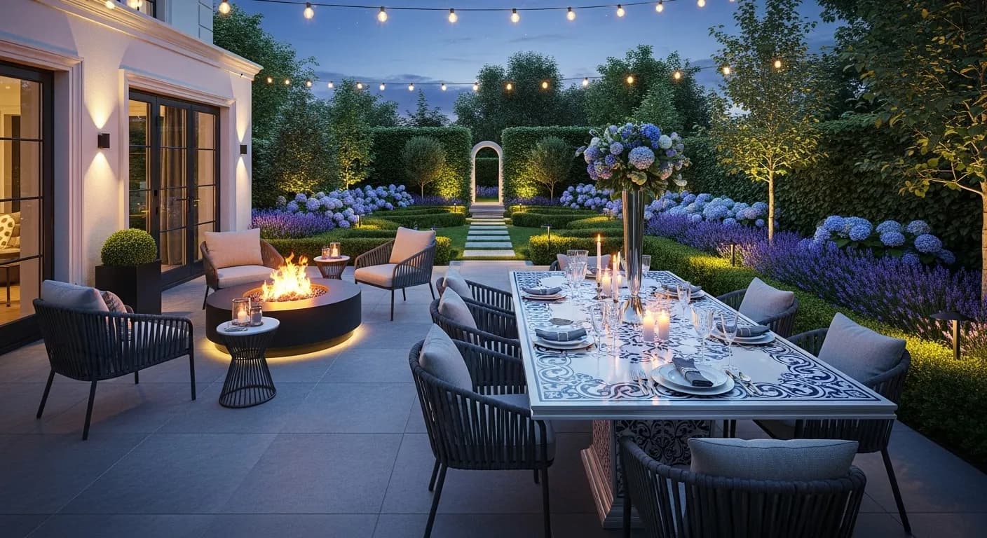 Outdoor porcelain table with fire pit and garden seating area