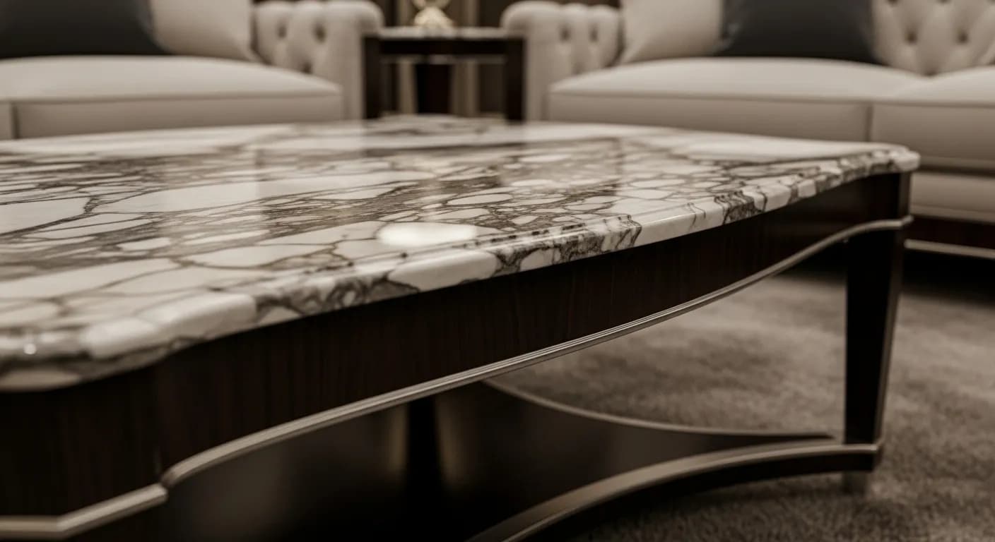 Marble coffee table in luxurious living room with sofa